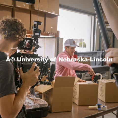 Videoing Oak Barn Beef in Westpoint, Nebraska. Behind the scenes photo for the university's new "Home Again" national advertisement. June 27, 2024. Photo by Kristen Labadie / University Communication.   